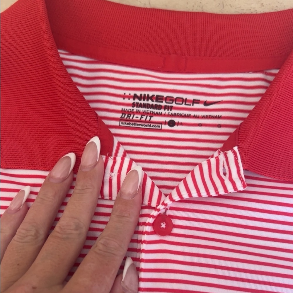MENS RED AND WHITE STRIPED NIKE GOLF SHIRT